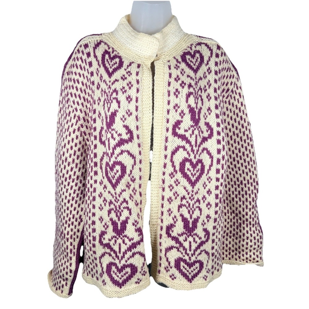 Vintage Nordic Heart Wool Cardigan Large‎ Purple Cream Fair Isle Knit Romantic
